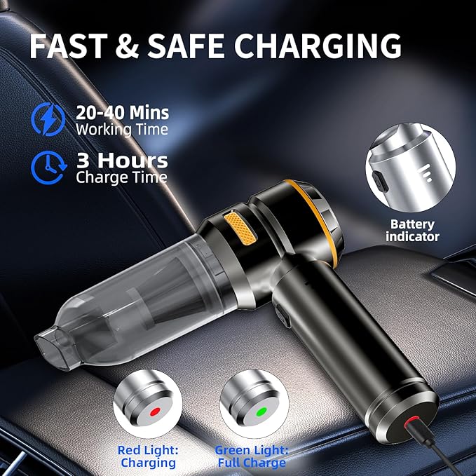 Car Vacuum Cleaner High Power - 22000PA Portable Cars Vacuum 4 in 1 Compressed Air Duster & Air Blower & Pump Hand Held Vacuum Cordless with Brushless Motor for Car Home Office Black
