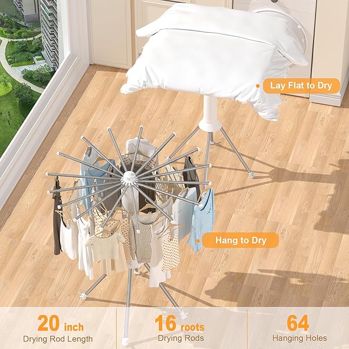 Four-Legged Clothes Drying Rack, Portable and Foldable Space Saving Laundry Drying Rack, Outdoor Folding Dry Rack with 4 Pulleys & 16 Poles, Collapsible Aluminum Indoor Dry Rack for Balcony, Poolside