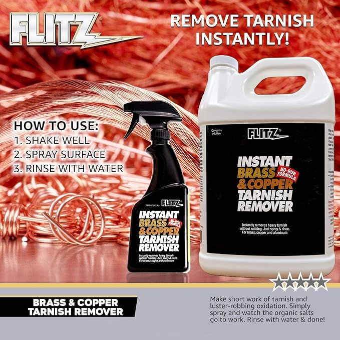 Flitz Instant Brass and Copper Tarnish Remover - 16oz Bottle of USA-Made Organic Rust Remover Spray (No-Rub) - Removes Stains & Oxidation from Glass & Aluminum - Brass Cleaners That Work (3 Pack)