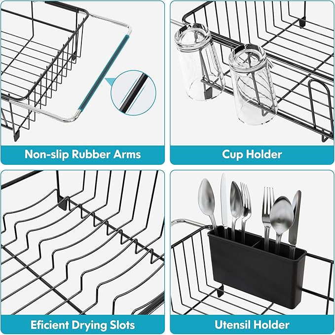 Over the Sink Expandable Dish Drainer Drying Rack In Stainless Steel for Small Kitchen, Counter Space Saving Modern Compact Metal Above Plate Dryer Strainer, Adjustable Hanging Inside Drain Holder
