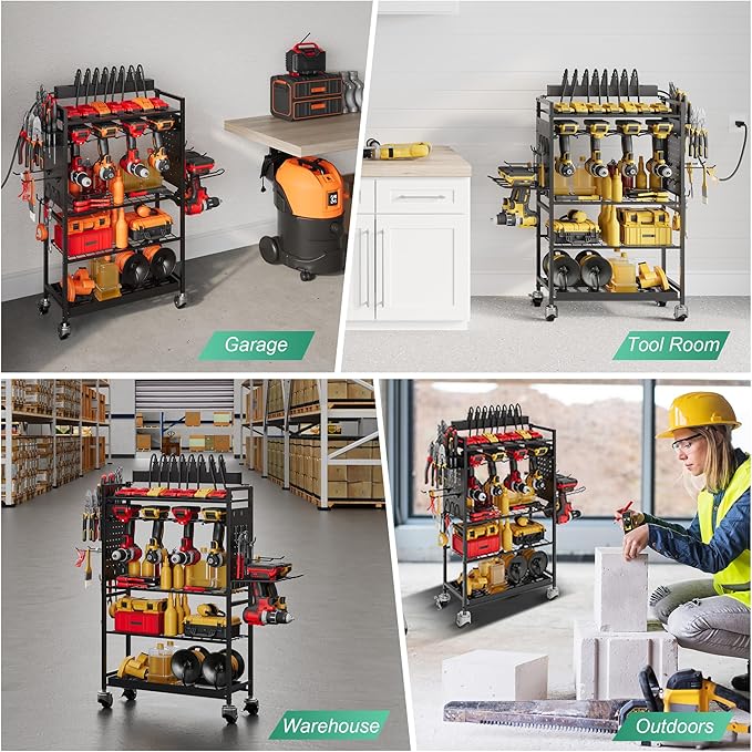 Power Tool Organizer Cart with Charging Station, Garage Floor Rolling Storage for 6 Mobile Drill, Mechanic, Power Tool Box Utility Cart with Battery Charging, Black, Gift for Men, Father