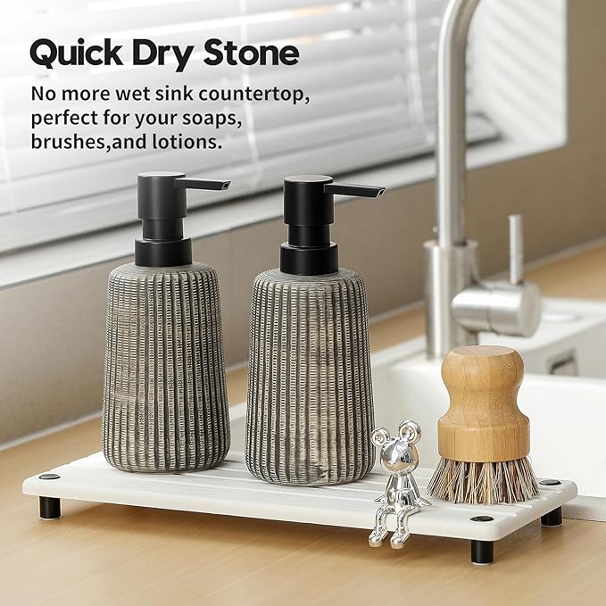 Instant Dry Sink Caddy Kitchen Sink Organizer, Quick Drying Stone Tray Diatomite Sponge Holder Soap Dish, Bathroom Countertop Fast Dry Water Absorbing Vanity Rack, White, 12" x 5"