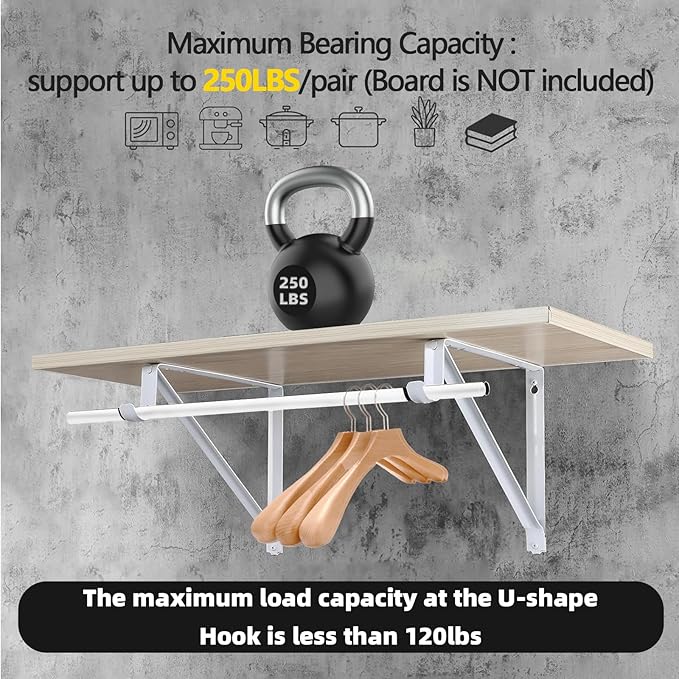 HOME MASTER HARDWARE Heavy Duty Closet Rod Brackets 2 Pack, Wall Mounted Shelf Bracket with Rod Shelving Support, 11 x 9.5 in Shelves Support Brace with Hook, White with Screws