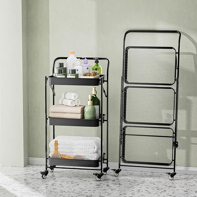 JAQ Foldable Rolling Cart, 3-Tier Metal Folding Storage Utility Carts Basket Rack with Removable Handle on Wheels for Snacks Books Fruits for Kitchen Dorm Pantry Bathroom - (Black, 3-Layer)