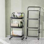 JAQ Foldable Rolling Cart, 3-Tier Metal Folding Storage Utility Carts Basket Rack with Removable Handle on Wheels for Snacks Books Fruits for Kitchen Dorm Pantry Bathroom - (Black, 3-Layer)