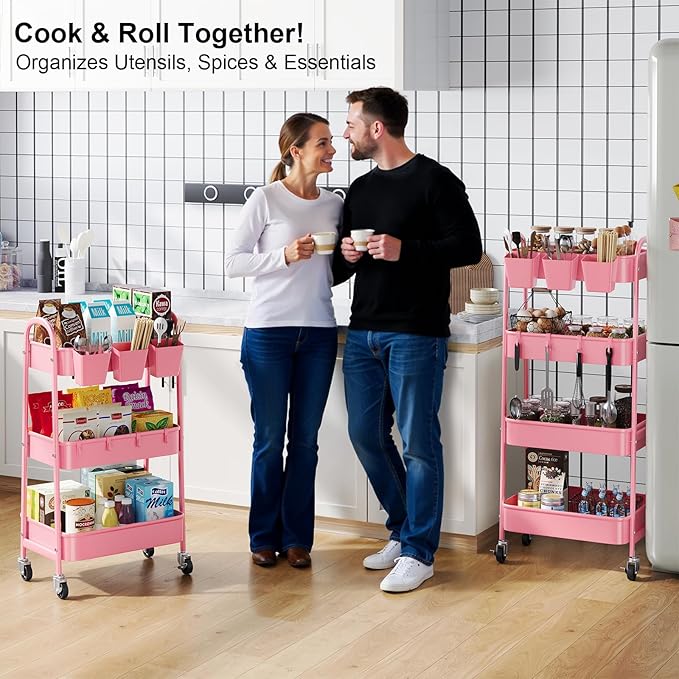 4 Tier Metal Rolling Cart with Lockable Wheels and Handle, Four Tiered Pink Trolley Cart on Wheels, Utility Storage Organizer for Bathroom, Kitchen, Teachers, Art, Crafts, Baby Diaper, Snack, Nail