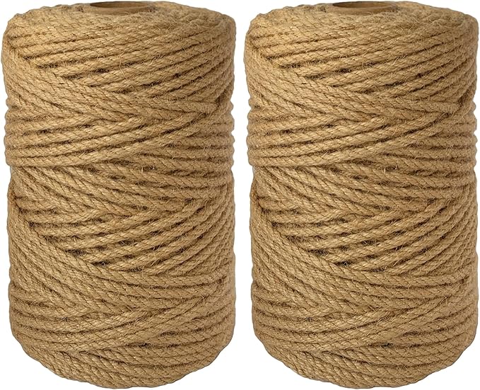 2-Pack Natural Jute Twine Rope, 5mm x 656ft Heavy Duty & Eco-Friendly - for Crafts, Gardening, Cat Scratching Post, Bundling & Hanging, 328Feet/Roll