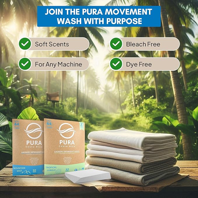 Laundry Detergent Sheets - Ultra Concentrated & Hypoallergenic - Deep Clean, Safe for Sensitive Skin, Plastic-Free & Non-Toxic - Works in Hot & Cold Water - (64 Loads 32 Sheets) - Tropical Jungles