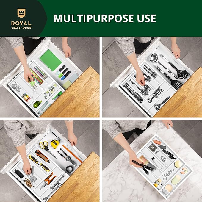 ROYAL CRAFT WOOD Luxury Bamboo Kitchen Drawer Organizer - Silverware Organizer - Utensil Holder and Cutlery Tray with Grooved Drawer Dividers for Flatware and Kitchen Utensils (7 Slot, White)