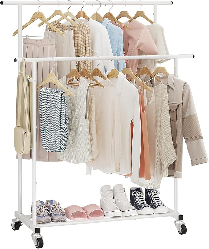 Calmootey Double Rod Clothing Garment Rack,Rolling Hanging Clothes Rack,Portable Clothes Organizer for Bedroom,Living Room,Clothing Store,White