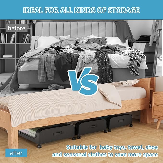 Under Bed Storage Containers, Under Bed Shoe Storage With Wheels, Bedroom Storage Organization with Handles, Under Bed Storage Bins Drawer For Clothes, Blankets And Shoes, Bedding
