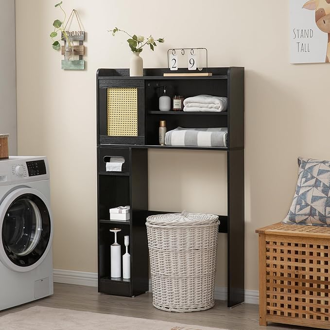 6Tier Over The Toilet Storage Cabinet, Freestanding Above Toilet Space Saver Rack w/Adjustable Shelves, Sliding Door, Multifunctional Over Toilet Organizer for Bathroom (Black)