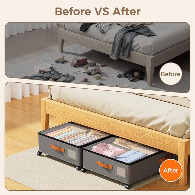 Under Bed Storage with Wheels, Large Capacity UnderBed Containers with Clear Lids, Shoe Organizer Under Bed Drawers, Rolling Under the Bed Storage for Clothes, Shoes, Blankets
