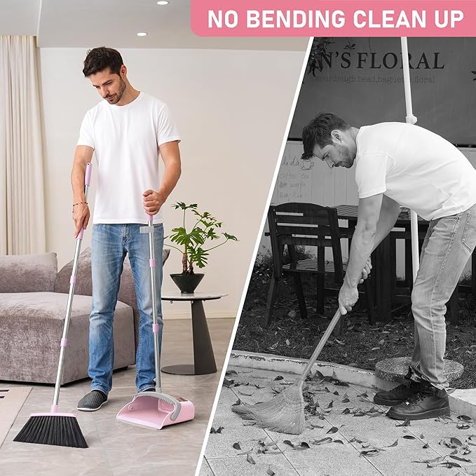 Broom and Dustpan Set, 54” Long Adjustable Handle Broom with Dustpan Combo Set Heavy Duty with Dust Pan Teeth to Clean Hair for Home Lobby Office (Medium Pink)
