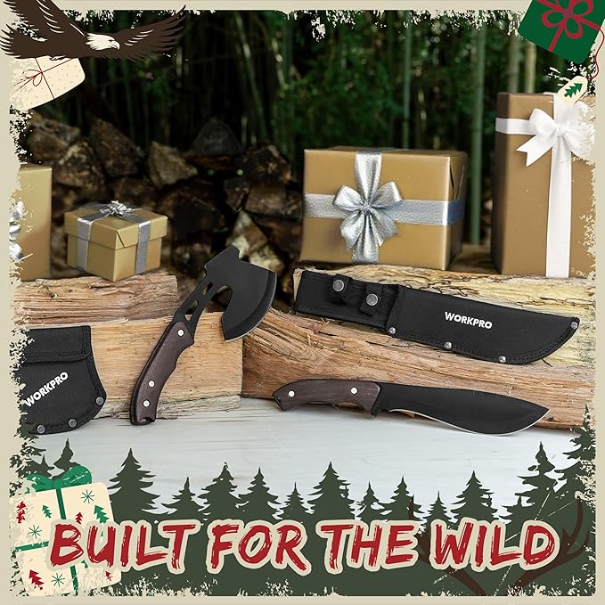 WORKPRO Axe and Fixed Blade Knife Combo Set, Full Tang, Wood Handle, for Outdoor Camping Survival Hunting, Sheath Included