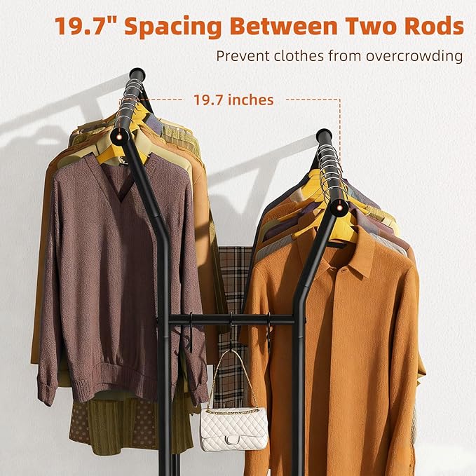 Luxspire Double Rods Clothes Rack for Hanging Clothes, Rolling Clothing Rack with Side Hooks, Bottom Shelves, 360° Wheels, Garment Racks for Bedroom, Laundry, Living Room, Black