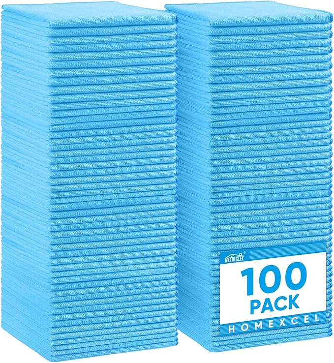 HOMEXCEL Blue Microfiber Cleaning Cloth, 100 Pack Cleaning Towels for Kitchen, Lint Free, Scratch-Free, Highly Absorbent, and Reusable Cleaning Rags for House, Window and Glass, Cars, 11.5 X11.5 inch