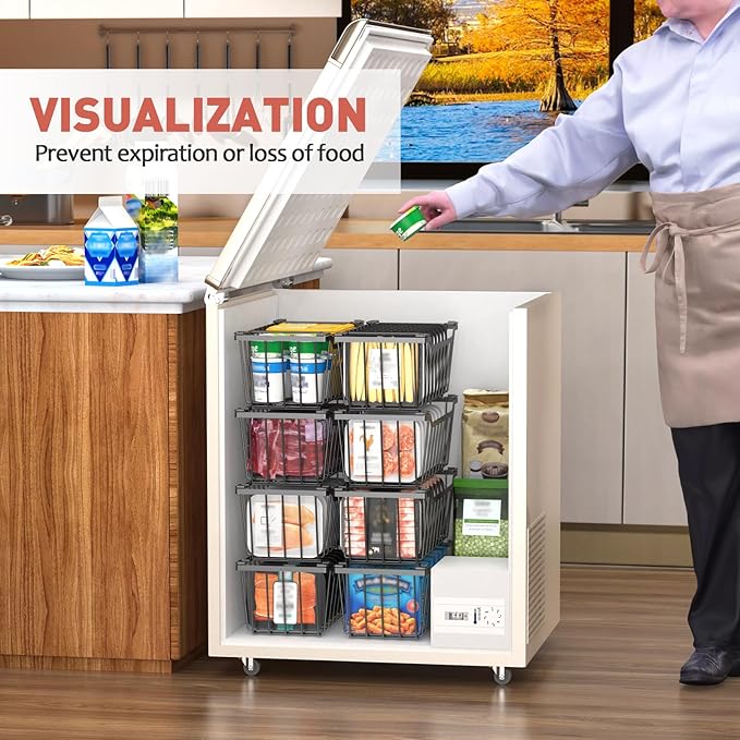 Goovilla Freezer Organizer Bins with Foldable Handle, 8 Pack Stackable Freezer Baskets for 3.5-7 Cu.FT Deep Chest Freezer Organization, Coated Metal Freezer Storage Bins with Better Space Utilization