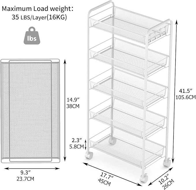 JANE EYRE 5-Tier Rolling Utility Storage Rack Cart on Wheels, Trolley Craft cart, Multi-Purpose Organizer Shelf, White