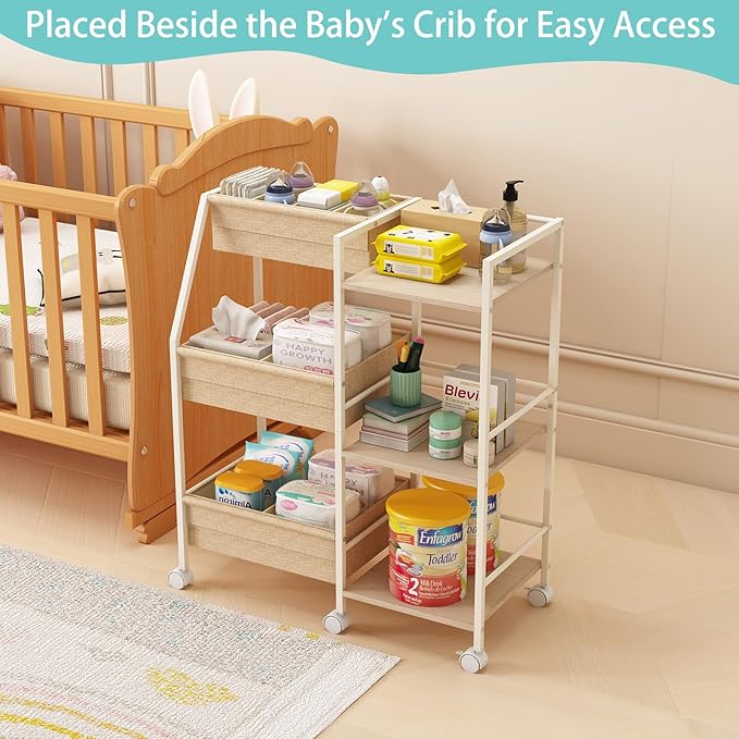 Baby Diaper Caddy Organizer Cart, 3-Tier Rolling Wheels Cart with Dividers and Shelves, Bedside Utility Cart for Nursery Essentials, Large Capacity Mobile Storage Cart for Crib, Bedroom
