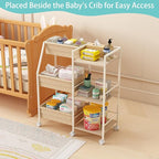Baby Diaper Caddy Organizer Cart, 3-Tier Rolling Wheels Cart with Dividers and Shelves, Bedside Utility Cart for Nursery Essentials, Large Capacity Mobile Storage Cart for Crib, Bedroom