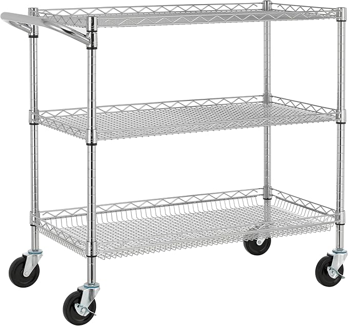 Finnhomy 3 Tier Heavy Duty Commercial Grade Utility Cart, Wire Rolling Cart with Pushing Handle Bar, Steel Metal Kitchen Service Trolly with Wheels, Shelf Size 18" D x 36" W, NSF, Chrome