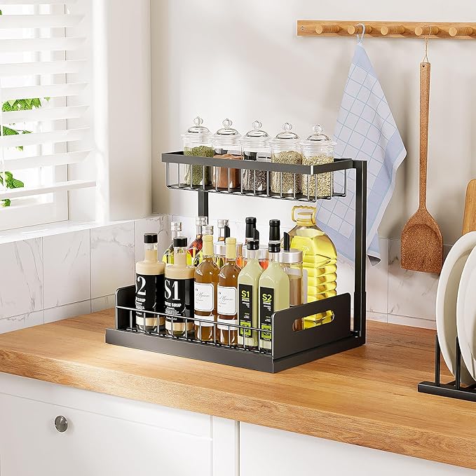 VUSIGN Under Sink Organizers Storage, 2 Tier Under Cabinet Organizer Shelf, Pull Out Kitchen Bathroom Sink Organizer Storage Organization, 2 Pack Black