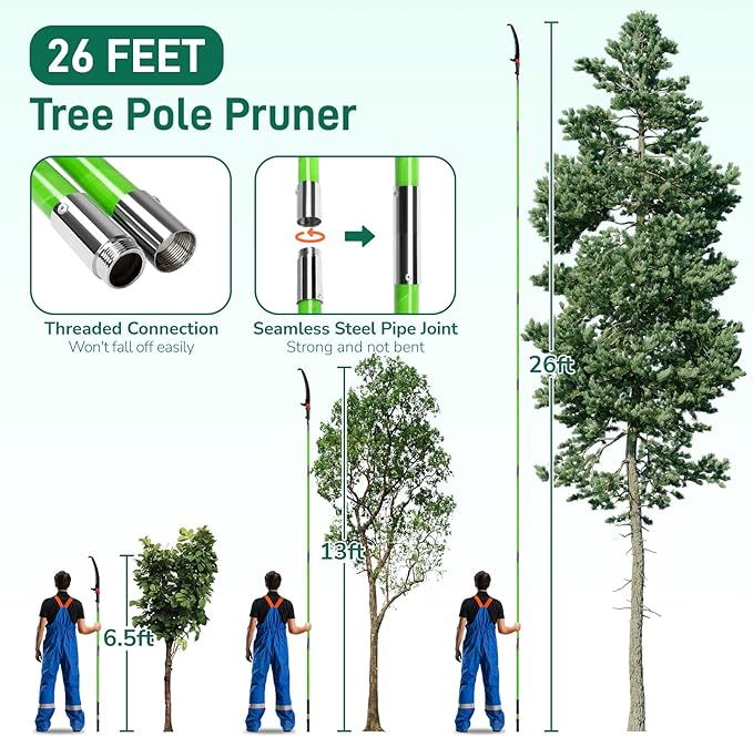 Manual Pole Saw for Tree Trimming, Extendable Tree Pruner (Green, 26ft)