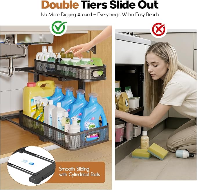 2 Pack 19.3IN-Depth Under Sink Organizer with Smooth Cylindrical Rail,2-Tier Pull Out Multi-Purpose Cabinet Storage for Bathroom&Kitchen,Height Adjustable,Rust-Resistant Coating-Black