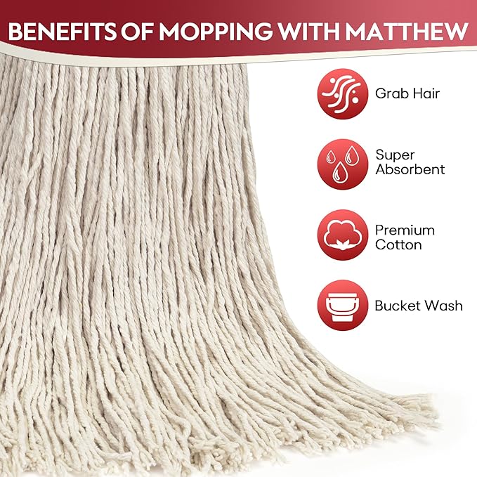 Matthew Cleaning 24oz 6Pack Cotton Floor Mop,Cotton Looped-Open String Heavy Duty String Mop Refills, Universal Headband Blend,Mop Head Replacement for Home, Industrial and Commercial Use(White)