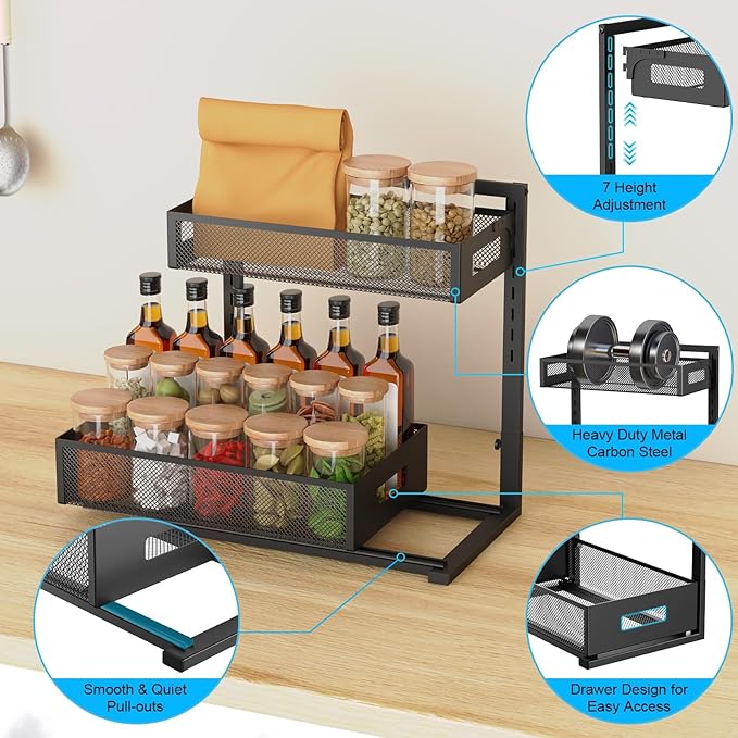 Under Sink Organizer Pull Out Cabinet Organizer Adjustable Height 2 Tier with Sliding Drawers Kitchen Bathroom Organizer and Storage(1pc)