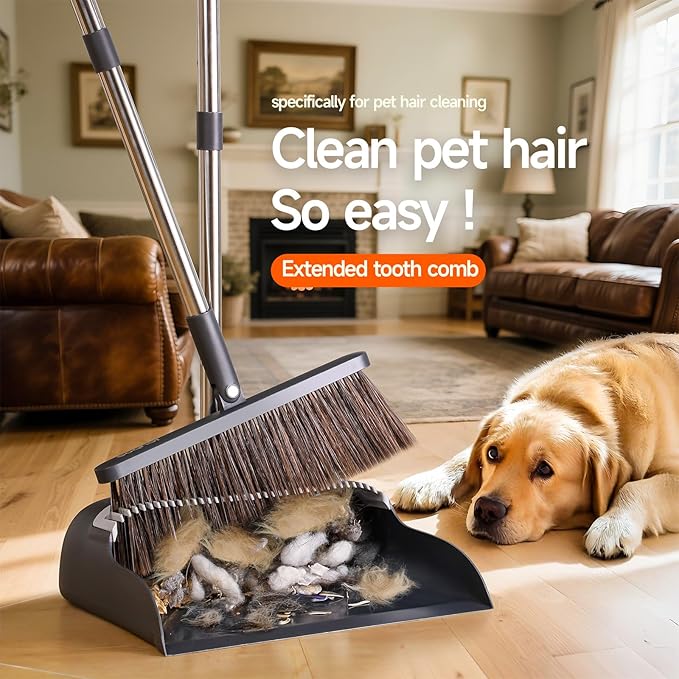 Broom and Dustpan Set for Home, Extra Brush Head & 51.6" Adjustable Long Handle, with Comb Teeth for Pet Hair, Lightweight Indoor Sweeping Kit for Hardwood Floor