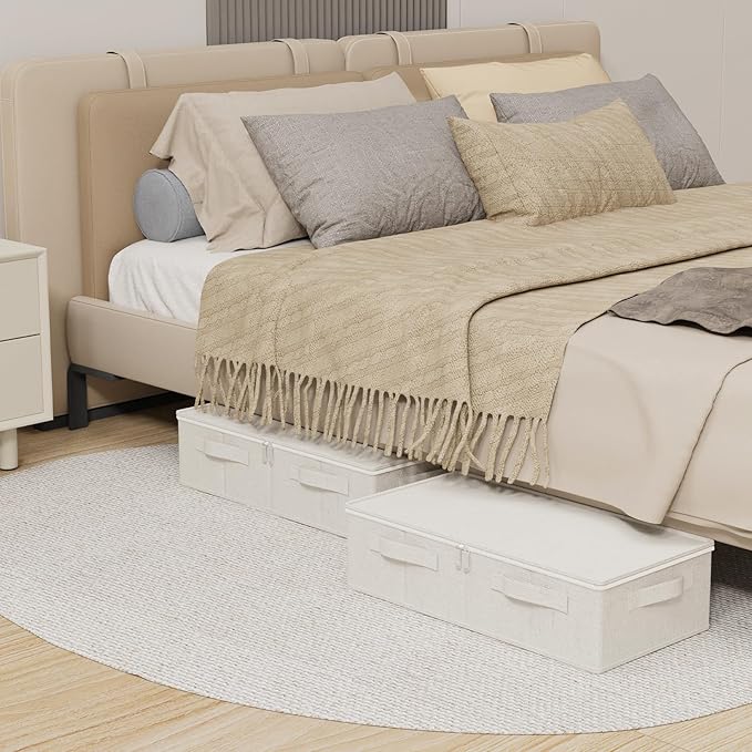 Underbed Storage Box Organizer, Foldable Under Bed Clothes Bags Container, Flat Bins with Lid for Organizing Clothes, Sheets, Blankets, Comforter, 23.6x11.8x5.9in, Beige, 3 Pack