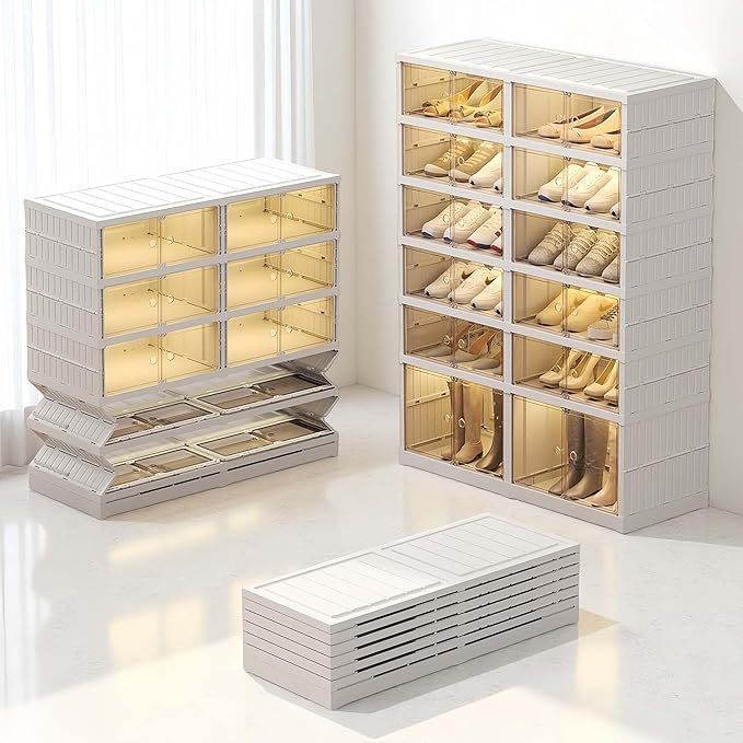 6 Tier 24 Pairs Large Shoe Rack Organizer with Doors, Foldable Collapsible Plastic Shelf, Stackable Storage Cabinet for Closet, Entryway, Hallway, Living Room - Easy Assembly