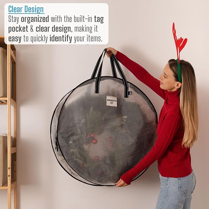 VENO 2 Pack Front Door Wreath Storage Container For Summer - 30 Inch Clear Wreath Bag, Christmas Garland Decoration Organizers with Zipper and Durable Handles (Clear, 30"-2 Pack)