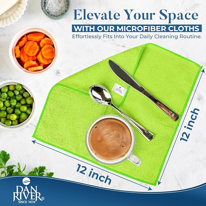 DAN RIVER 12-Pack Green Microfiber Towels – Ultra Absorbent, Lint-Free & Streak-Free Terry Cloth Rags for Home, Car & Kitchen - Must-Have Cleaning Essentials - 12" x 12"