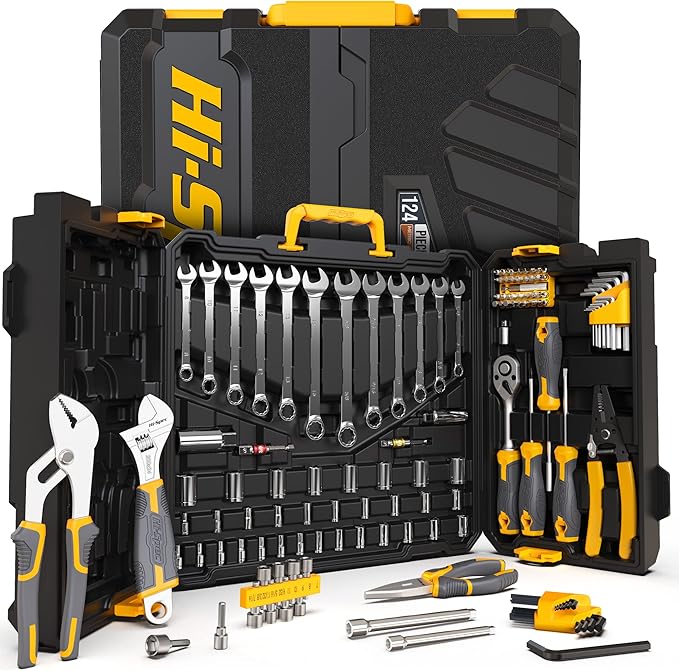 Hi-Spec 124piece Home & Garage Mechanics Tool Set, Socket Wrench Tool Sets for DIY Repairs with Plastic Storage Case