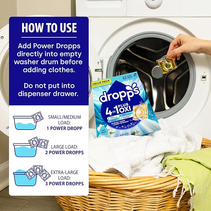 Dropps 4-in-1 Plus Oxi Crisp Breeze Power Biobased Laundry Detergent Pods (63 Pods) - Chlorine-Free Bleach Alternative Biobased Laundry Whitener, Stain & Odor Remover