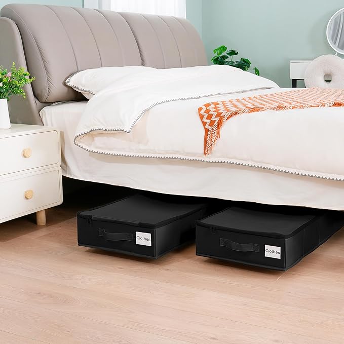 Under Bed Storage with Wheels, 2 Pack Under Bed Storage Containers with Label Holders for Clothes, Shoes and Blankets, Rolling Underbed Shoe Organizer with Cover, Black (30.71x15.7x7.28 in)