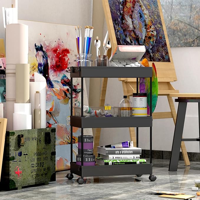 SPACEKEEPER Rolling Storage Cart 3 Tier Bathroom Cart Organizers with Wheels Laundry Room Organization Mobile Shelving Unit Utility Cart Storage Shelves Multi-Functional for Office, Home, Black