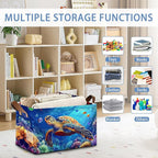 SeaTurtle Storage Basket with Handles,Ocean Coral Collapsible Rectangle Organizer Bin for Room Decoration Books Box Baskets 17x11.5x10Inch