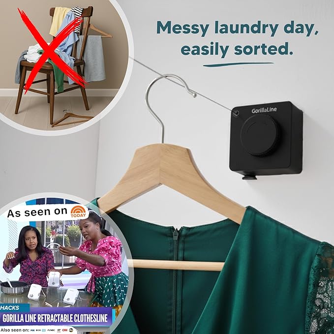 GorillaLine Basic - Retractable Clothesline Indoor Outdoor Clothes Line - Heavy Duty Clothes Drying Laundry Line - Wall Mounted Drying Rack - Air Dry Clothing - 15ft line Max Tighten with GorillaGrip