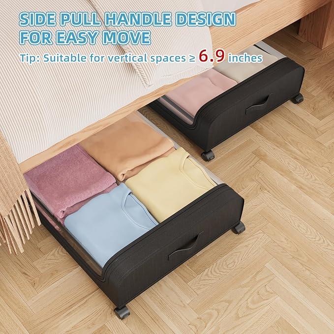 Under Bed Storage Containers, Under Bed Shoe Storage With Wheels, Bedroom Storage Organization with Handles, Under Bed Storage Bins Drawer For Clothes, Blankets And Shoes, Bedding