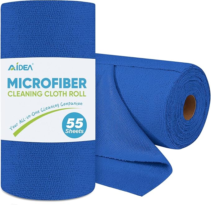 AIDEA Microfiber Cleaning Cloth Roll, Shop Towels 55 Sheets Washable, Microfiber Towels for Cars, Shop Rags Reusable Paper Towel for Automotive, House, Kitchen, Cleaning Supplies 11×9", Dark Blue