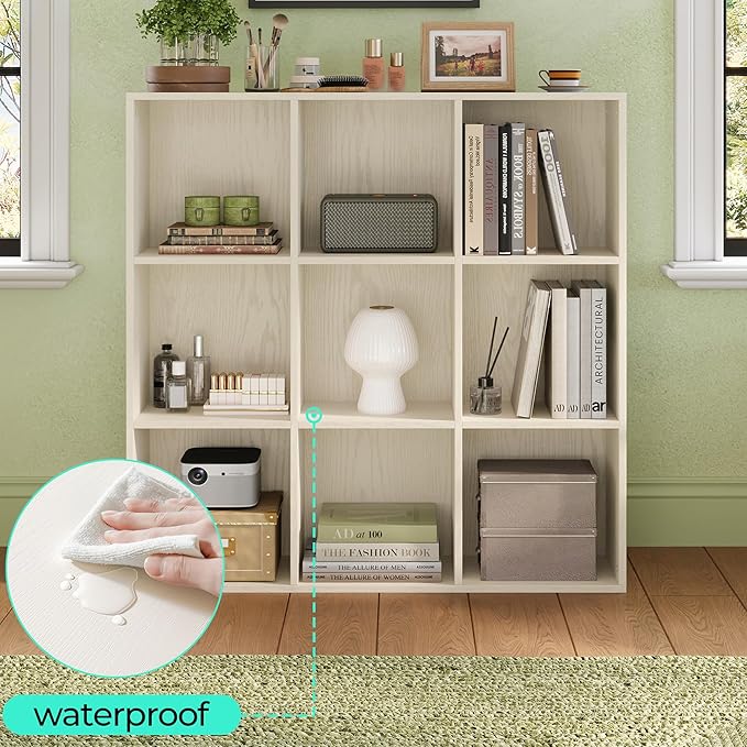 LINSY HOME Cube Storage Shelf, 3 Tier Floor Standing Book Shelf with Storage, Open Freestanding 9-Cube Bookcase Small, White Wooden Bookshelf for Home Office, Bedroom, White Oak