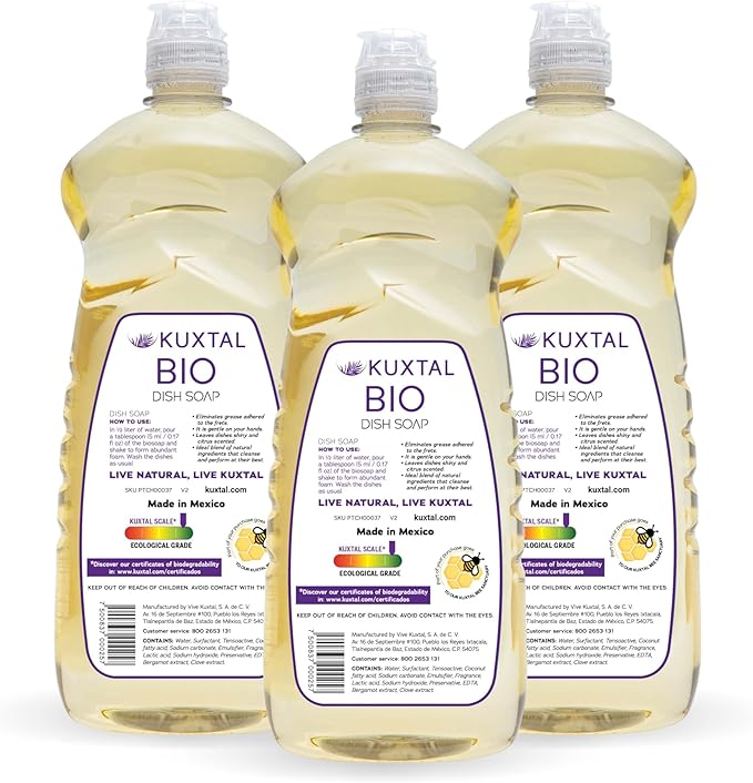 KUXTAL Dish Soap Liquid – 3 Pack | Biodegradable Formula Certified by OECD 301-A | Eco-Friendly with Natural Ingredients | Gentle on Hands | Citrus Scent | 27.7 fl oz Each