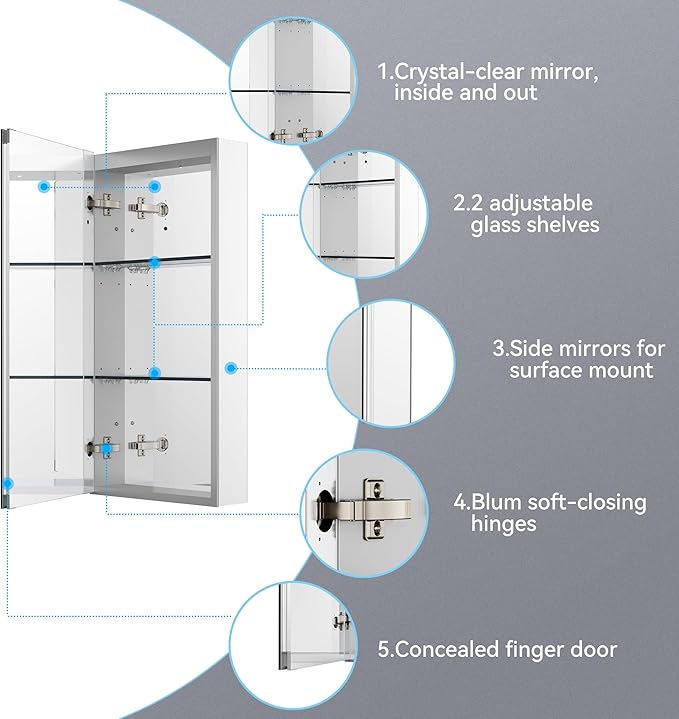 Sunrosa Medicine Cabinet with Mirror, 16" W x 31.5" H, 1 Door, Wall-Mounted & Recessed Bathroom Medicine Cabinet with Tempered Glass Mirror