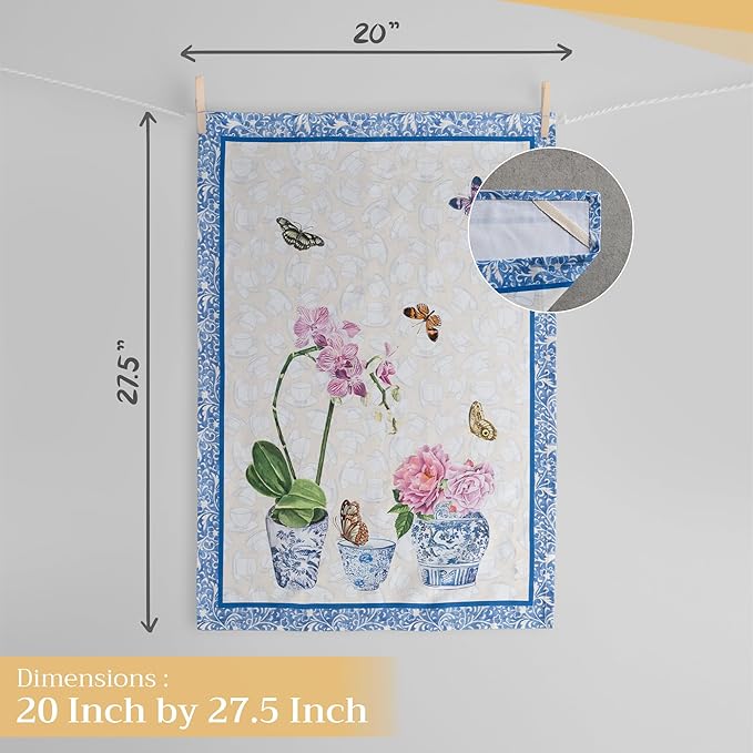 Maison d' Hermine Kitchen Towels Set of 3 100% Cotton 27.50" x 20" Reusable Cloth Tea Dish Towels Absorbent with Hanging Loop for Kitchen, Home, Dining, Cocktail Parties Spring/Summer (Canton)