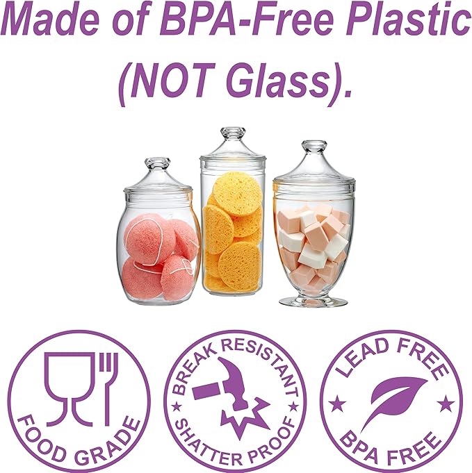 Amazing Abby - Adore - Plastic Apothecary Jars (3-Piece Set, 52/46/46 oz) (NOT Glass), Acrylic Jars with Lids, Bathroom Canisters, Candy Buffet, Wedding Display, BPA-Free and Shatter-Proof