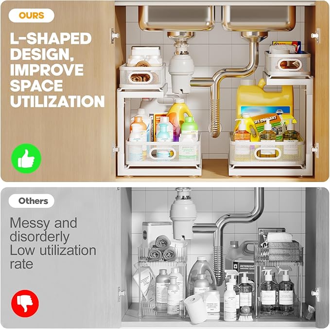 2-Pack Under Sink Storage Organizer with 2-Tier Slide Out Drawer, Sophisticated Mesh Pull Out Shelf for Kitchen & Bathroom, Fits Small Items, Upgraded Arched Track for Smooth Gliding(Patented)